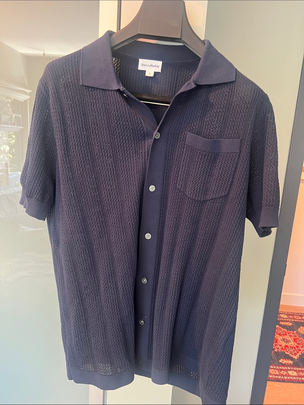 Spier & Mackay Navy Short-Sleeve Knit Button-Down Shirt